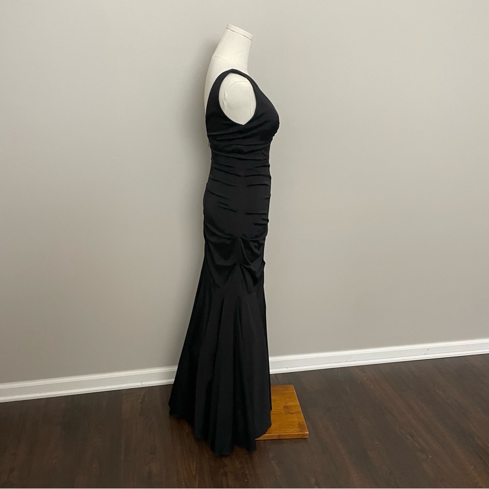 Vintage Caché Dress Maxi Mermaid Bodycon Plunge Neck Ruched Tulle Lined Black - Picture 3 of 12